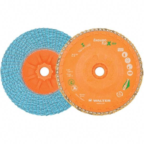 WALTER Surface Technologies - 40 Grit, 6" Disc Diam, 5/8-11 Center Hole, Type 27 Zirconia Alumina Flap Disc - 10,200 Max RPM, Polyester Backing, Arbor Attaching System, Coated - USA Tool & Supply