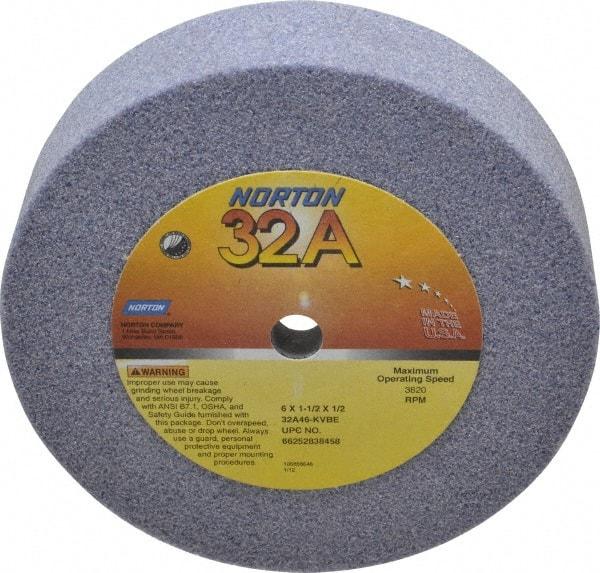 Norton - 6" Diam, 1/2" Hole Size, 1-1/2" Overall Thickness, 46 Grit, Type 6 Tool & Cutter Grinding Wheel - Coarse Grade, Aluminum Oxide, K Hardness, Vitrified Bond, 3,820 RPM - USA Tool & Supply
