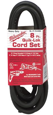 #48-76-4008 - Fits: Most Milwaukee 3-Wire Quik-Lok Cord Sets @ 8' - Replacement Cord - USA Tool & Supply