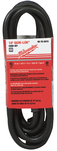 #48-76-5010 - Fits: Most Milwaukee 2-Wire Quik-Lok Cord Sets @ 10' - Replacement Cord - USA Tool & Supply