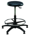 Round Black Polyurethane Stool - Standard Glides, 14" Seat Dia, 18" Adj Footring, Pneumatic Hgt Adj. Black, Plastic ABS Five Star Base, Bench Hgt 22.5" - 32.5" - USA Tool & Supply