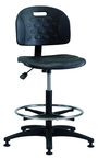 Polyurethane Task Stool - Standard Glides, Casters Optional, Pneumatic Hgt. Adj., Waterfall Seat, Adj. Contoured Backrest, Black Plastic ABS Base, 20" Adj. Footring, Bench Hgt 22.5" - 32.5" - USA Tool & Supply