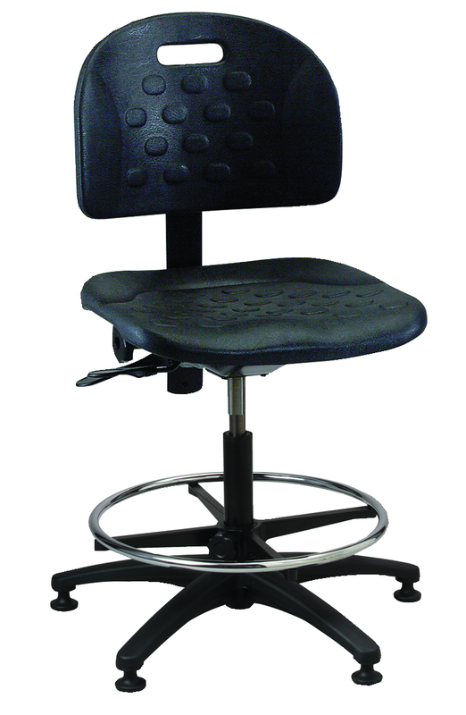 Black Polyurethane Task Stool - Adj. Contoured Backrest, Waterfall Seat, Seat and Back Tilt, Glides Standard, Pneu Hgt. Adj., 20" Adj. Footring, Black Plastic ABS Base, Bench Hgt 23.5"-33.5" - USA Tool & Supply