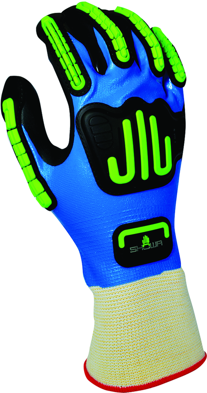 General purpose full nitrile blue undercoating w/black foamed palm coating w/impact resistant bumper guards, 13 gauge, seamless knitted liner/large - USA Tool & Supply