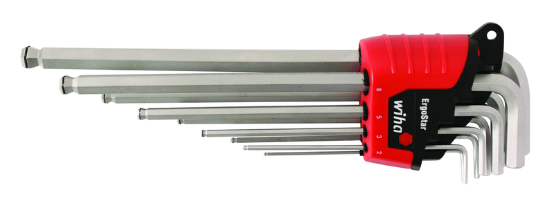 9 Piece - 1.5 - 10mm - Hard Chrome Finish - Ball End Hex L-Key MagicRing® Screw Holding Long Arm Metric Set in Holder - USA Tool & Supply
