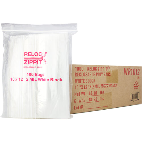 10″ × 12″ 2-MIL White Block Reloc Zippit Zipper Bags, Sold per Case of 1000 (10 boxes of 100 per case)