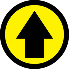 Adhesive Backed Floor Signs; Message Type: Traffic Control; Message/Graphic: Graphic Only; Message or Graphic: Graphic Only; Legend: Arrow Graphic; Material: Vinyl; Legend Color: Black; Color: Yellow, Black; Shape: Circle