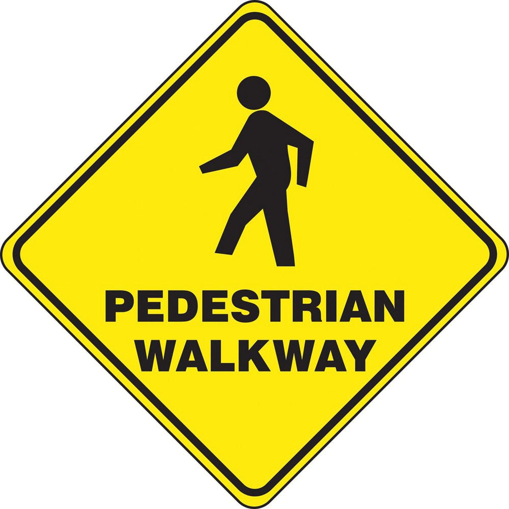 Adhesive Backed Floor Signs; Message Type: Traffic Control; Message/Graphic: Message & Graphic; Message or Graphic: Message & Graphic; Legend: PEDESTRIAN WALKWAY; Material: Vinyl; Legend Color: Black; Color: Yellow, Black; Shape: Diamond