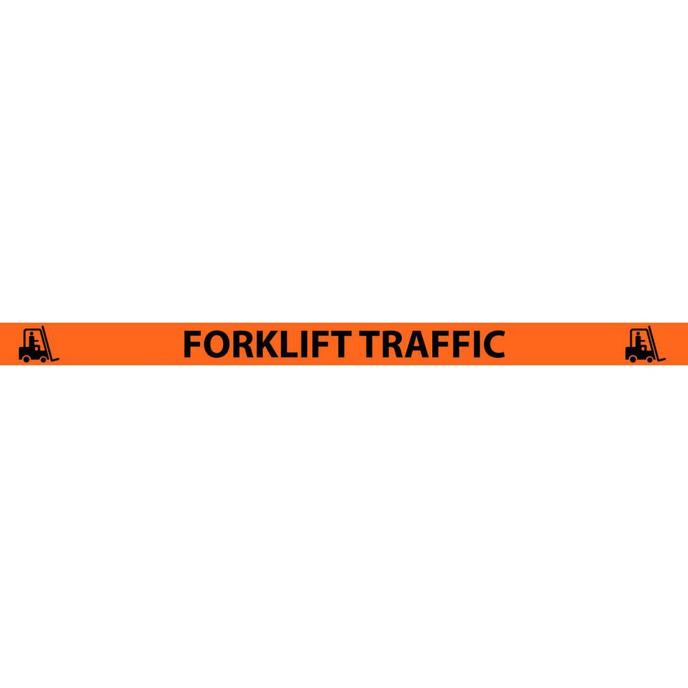 Adhesive Backed Floor Signs; Message Type: Traffic Control; Message/Graphic: Message & Graphic; Message or Graphic: Message & Graphic; Legend: FORKLIFT TRAFFIC; Material: Vinyl; Legend Color: Black; Color: Black, Orange; Shape: Rectangle