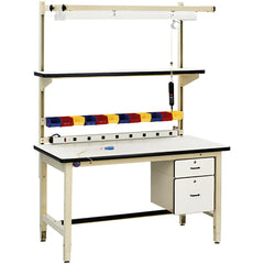 Heavy-Duty Work Bench with Drawer: 72" Wide, 30 to 36" High, Painted, Plastic Laminated Top, Steel Base, Light Beige