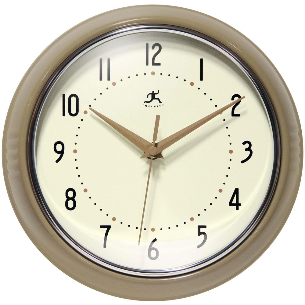 Office Wall Clocks; Clock Type: Dial; Display Type: Analog; Power Source: Battery; Clock Movement Control: Manual; Face Diameter: 7.2500; Face Color: Off-White; Case Color: Latte; Digit Color: Black