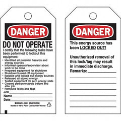 Do Not Operate Tag: 5-3/4" High, 3" Wide, Polyester, "DANGER"