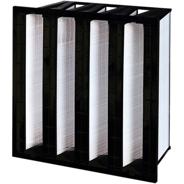 Pleated Air Filter: V-Bank Mini-Pleat, MERV 14, Microfiberglass, 12" High, 24" Wide, 12" Deep