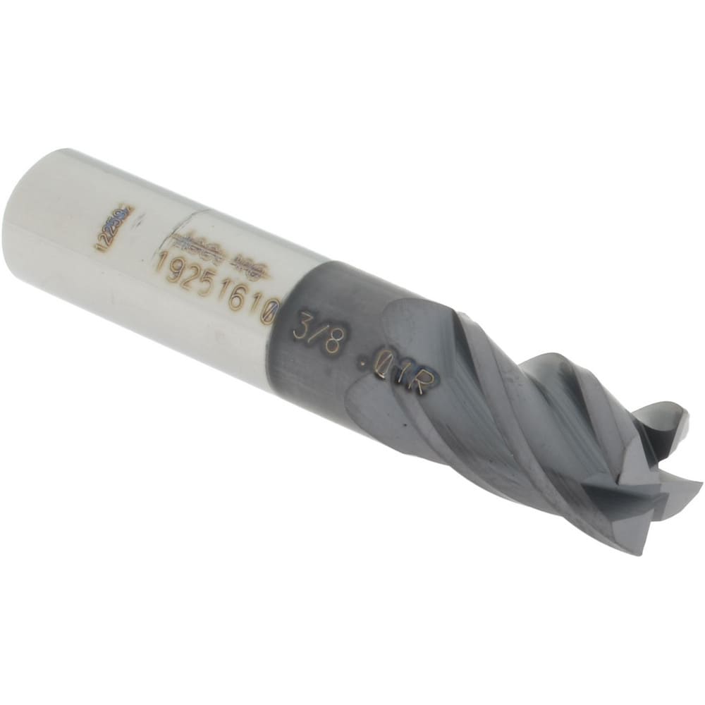 Corner Radius End Mill: 3/8" Dia, 5/8" LOC, 0.0100" Radius, 4 Flute, Solid Carbide