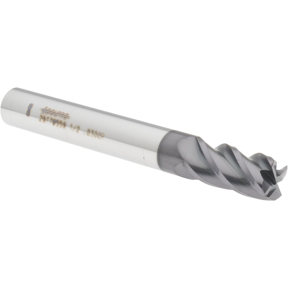 Corner Radius End Mill: 1/2" Dia, 1" LOC, 0.0300" Radius, 4 Flute, Solid Carbide