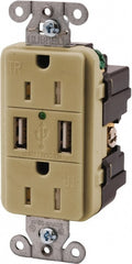 USB Receptacles; Usb Connection Style: Standard; Number of USB Ports: 2; Number of Receptacles: 2; Number Of Usb Ports: 2; Number Of Receptacles: 2; Charging Power: 5 A; Amperage: 15 A; Voltage: 125.00; NEMA Configuration: 5-15R; Color: Ivory; Wiring Meth