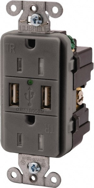 USB Receptacles; Usb Connection Style: Standard; Number of USB Ports: 2; Number of Receptacles: 2; Number Of Usb Ports: 2; Number Of Receptacles: 2; Charging Power: 5 A; Amperage: 15 A; Voltage: 125.00; NEMA Configuration: 5-15R; Color: Gray; Wiring Metho