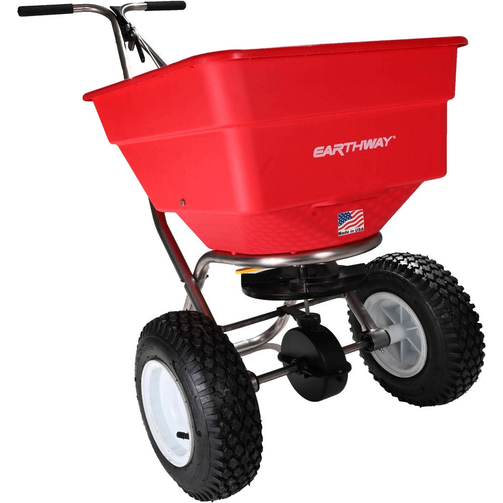 Landscape Spreaders; Spreader Type: Walk Behind Broadcast; Handle Type: Fixed T; Wheel Type: Pneumatic; Minimum Spread Width (Decimal Inch): 96; Minimum Spread Width (Feet): 8; Maximum Spread Width (Feet): 12; Maximum Spread Width (Decimal Inch): 144