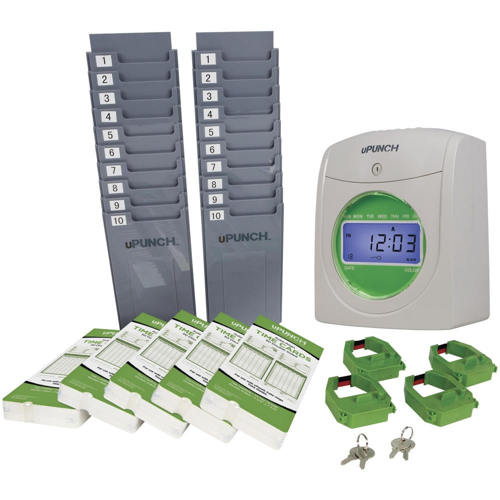 Time Clocks & Time Recorders; Punch Type: Electronic; Power Source: Electric; Display Type: LCD Display; Material: Plastic; Records: Attendance; Color: White, Green