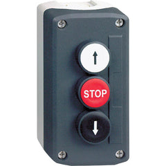 Pushbutton Control Stations; Control Station Type: Control Station; Number of Operators: 3; Legend Markings: Stop, Up Arrow, Down Arrow; Switch Action: Spring Return; Contact Configuration: 2NO/1NC; Operator Type: Flush Push Button