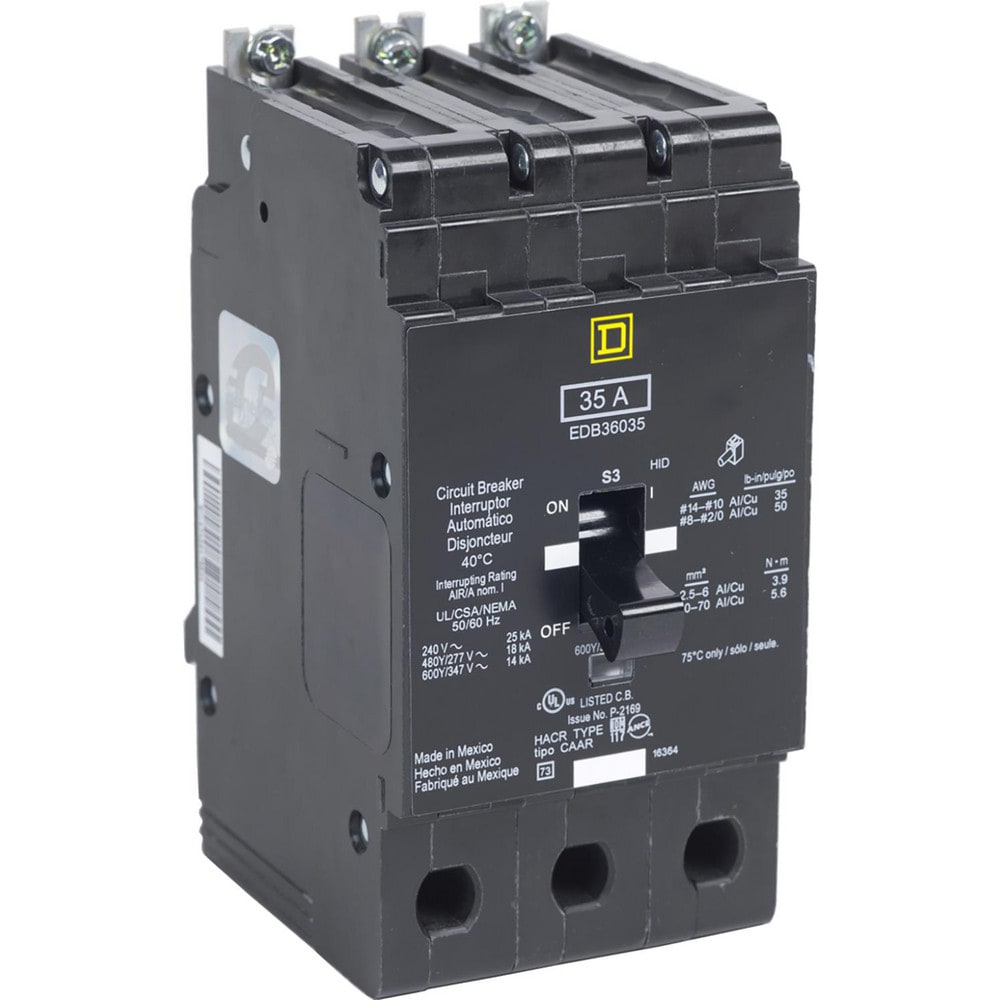 Circuit Breakers; Circuit Breaker Type: Miniature Circuit Breaker; Amperage: 35; Voltage: 347V, 600V; Wire Size (AWG): 12-2/0 (Aluminum)/14-2/0 (Copper); Number Of Poles: 3; Tripping Mechanism: Thermal-Magnetic; Terminal Connection Type: Lug; Phase: Singl