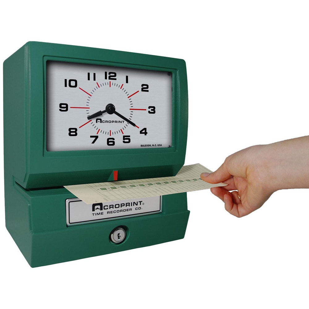 Time Clocks & Time Recorders; Punch Type: Electronic; Power Source: Electric; Display Type: Analog; Registration Output: Month, Hour, Date; Material: Plastic; Records: Attendance; Color: Green