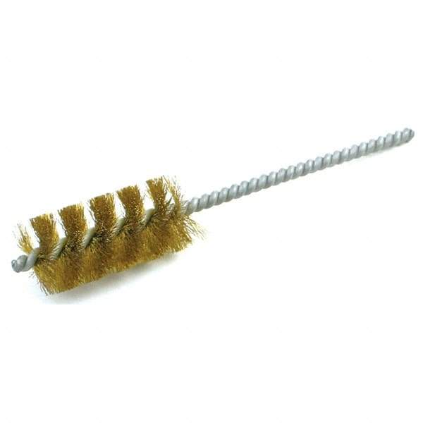 Brush Research Mfg. - 9/16" Diam Helical Brass Tube Brush - Single Spiral, 0.005" Filament Diam, 1-1/2" Brush Length, 5" OAL, 0.19" Diam Galvanized Steel Shank - USA Tool & Supply