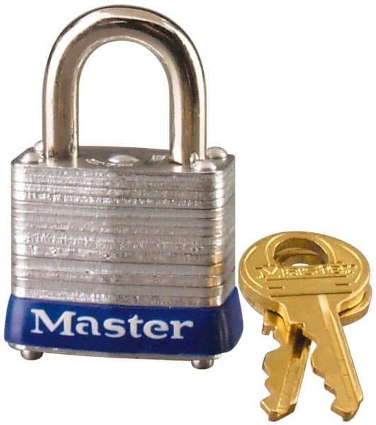 Master Lock - 9/16" Shackle Clearance, Keyed Alike General Security Padlock - 3/16" Shackle Diam, Laminated Steel - USA Tool & Supply