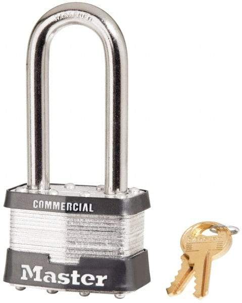 Master Lock - 2-1/2" Shackle Clearance, Keyed Different Padlock - 15/16" Shackle Width, 3/8" Shackle Diam, Laminated Steel - USA Tool & Supply