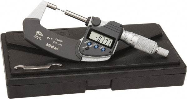 Mitutoyo - 1 Inch, 32mm Throat Depth, Electronic Spline Micrometer - Accurate Up to 0.0001 Inch, 1/4 Inch Spindle Diameter, 0.18mm Head Diameter, Ratchet Stop Thimble, Data Output - USA Tool & Supply