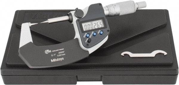 Mitutoyo - 1 Inch, 32mm Throat Depth, Ratchet Stop, Electronic Point Micrometer - Accurate Up to 0.0001 Inch, 0.3937 Inch Point Length, 15° Point Angle, 18mm Head Diameter - USA Tool & Supply