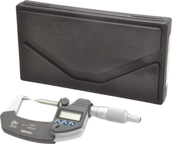 Mitutoyo - 1 Inch, 32mm Throat Depth, Ratchet Stop, Electronic Point Micrometer - Accurate Up to 0.0001 Inch, 0.3937 Inch Point Length, 30° Point Angle, 18mm Head Diameter - USA Tool & Supply