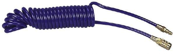 Coilhose Pneumatics - 1/4" ID, 1/4 Thread, 15' Long, Blue Polyurethane Coiled & Self Storing Hose - 125 Max psi, Industrial Interchange Coupler x Plug - USA Tool & Supply