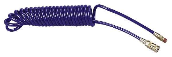 Coilhose Pneumatics - 1/4" ID, 1/4 Thread, 15' Long, Blue Polyurethane Coiled & Self Storing Hose - 125 Max psi, Industrial Interchange Coupler x Male Swivel - USA Tool & Supply