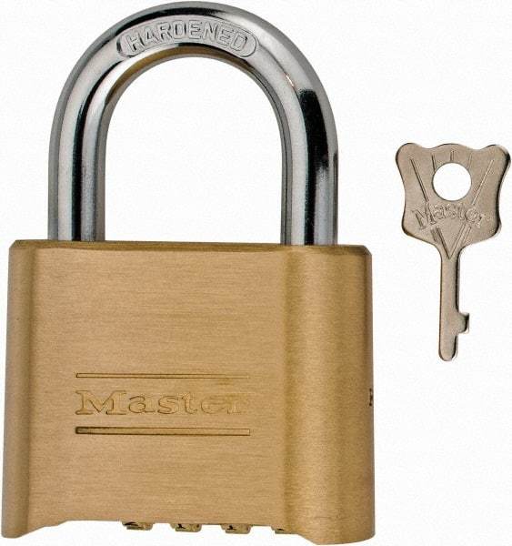 Master Lock - 2" Body Width, 1" Shackle Clearance, Steel & Brass Combination Lock - 5/16" Shackle Diam - USA Tool & Supply