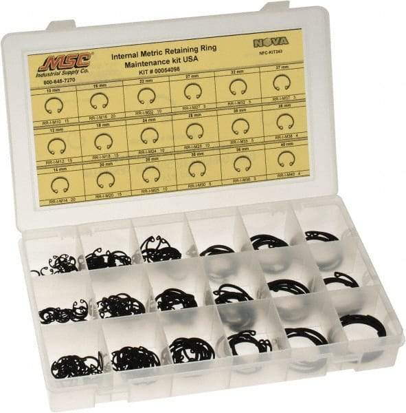 Made in USA - 174 Piece, M10 to M40, Steel, Snap Internal Retaining Ring Assortment - Includes Compartmented Case, Specification Labels - USA Tool & Supply
