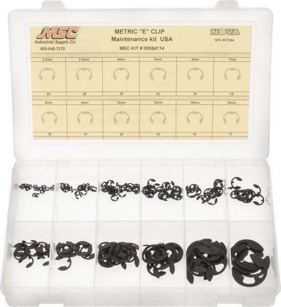 Made in USA - 190 Piece, M2.3 to M19, Steel, E Style External Retaining Ring Assortment - Includes Compartmented Case, Specification Labels - USA Tool & Supply