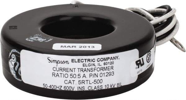 Simpson Electric - 2 VA Burden, 50 Amp AC Input, 5 Amp AC Output, 50 to 400 Hz, Panel Meter Donut Current Transformer - Screw Terminal, For Use with AC Ammeter - USA Tool & Supply