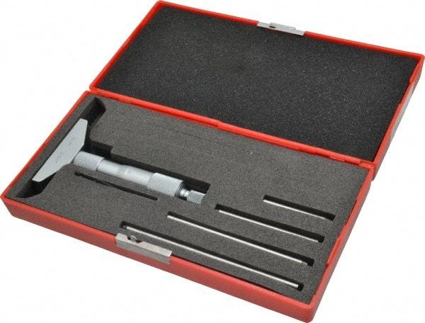 Value Collection - 0 to 4" Range, 4 Rod, Satin Chrome Finish Mechanical Depth Micrometer - Ball Thimble, 2-1/2" Base Length, 0.001" Graduation, 4.5mm Rod Diam - USA Tool & Supply