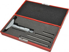 Value Collection - 0 to 4" Range, 4 Rod, Satin Chrome Finish Mechanical Depth Micrometer - Ball Thimble, 2-1/2" Base Length, 0.001" Graduation, 4.5mm Rod Diam - USA Tool & Supply