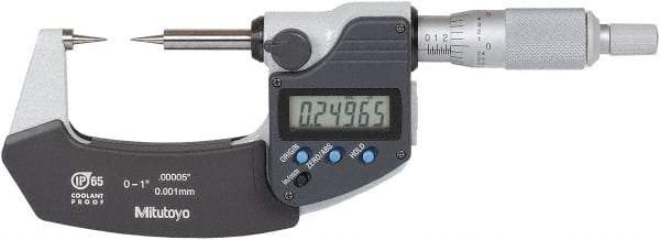 Mitutoyo - 1 Inch, 32mm Throat Depth, Ratchet Stop, Digital Point Micrometer - Accurate Up to 0.0001 Inch, 15° Point Angle - USA Tool & Supply