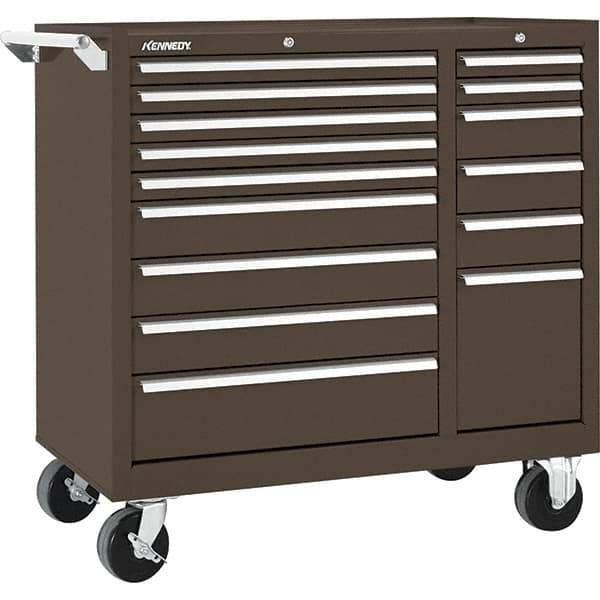 Kennedy - 15 Drawer 2,800 Lb Capacity Steel Tool Roller Cabinet - 39-3/8" Wide x 39" High x 18" Deep, Brown - USA Tool & Supply