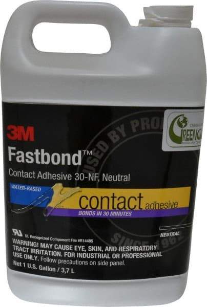 3M - 1 Gal Bottle Natural Contact Adhesive - Series 30NF, 15 to 30 min Working Time, 4 hr Full Cure Time, Bonds to Cardboard, Ceramic, Fabric, Fiberglass, Foam, Glass, Leather, Metal, Plastic, Rubber, Vinyl & Wood - USA Tool & Supply