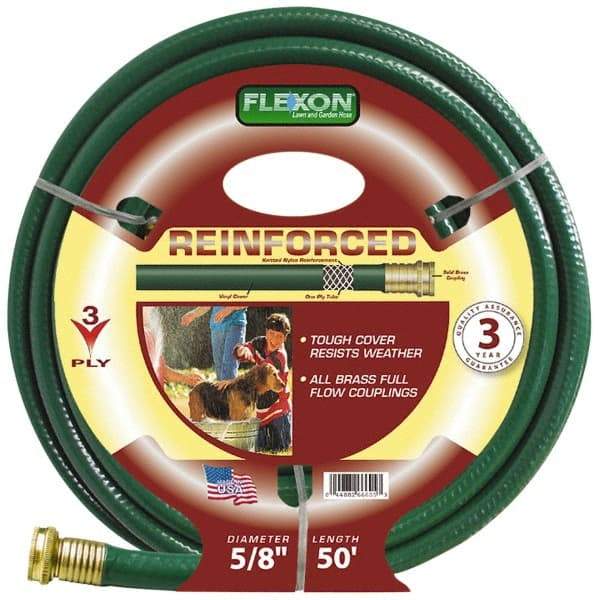 Made in USA - 50' Long Reinforced Rubber Hose - 5/8" Diam, 3/4" GHT, Vinyl, 212 psi, All Season, Green - USA Tool & Supply