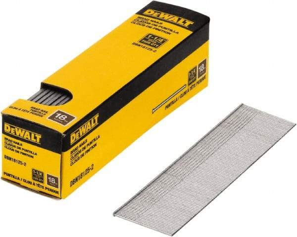 DeWALT - 18 Gauge 1-1/4" Long Finishing Nails for Power Nailers - Steel, Bright Finish, Smooth Shank, Straight Stick Collation, Brad Head, Chisel Point - USA Tool & Supply