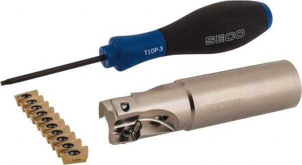 Seco - 1" Cut Diam, 0.433" Max Depth of Cut, 1" Shank Diam, 4" OAL, Indexable Square Shoulder End Mill - XO.X 1204 Inserts, Weldon Shank, 90° Lead Angle, Through Coolant, Series Super Turbo - USA Tool & Supply