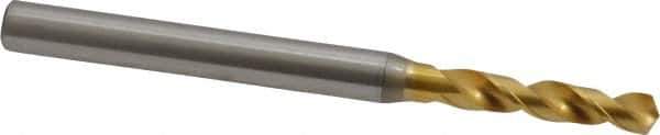 OSG - 3.0988mm 130° Spiral Flute Vanadium High Speed Steel Screw Machine Drill Bit - TiN Finish, Right Hand Cut, 18mm Flute Length, 50mm OAL, Faceted Point, Straight Shank - USA Tool & Supply