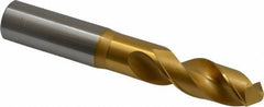 OSG - 18.49882mm 120° Spiral Flute Vanadium High Speed Steel Screw Machine Drill Bit - TiN Finish, Right Hand Cut, 64mm Flute Length, 130mm OAL, Faceted Point, Straight Shank - USA Tool & Supply