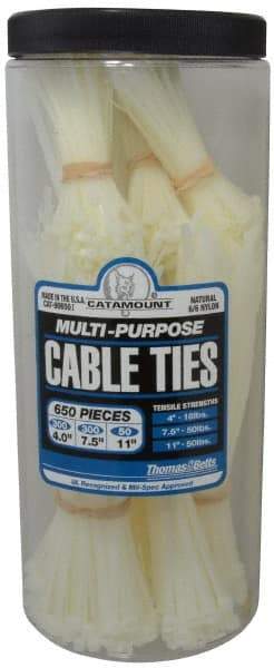 Thomas & Betts - 4 to 11 Inch Range, White Cable Ties - 3 Inch Bundle Diameter, 18, 40 and 50 Lb. Strength, Nylon - USA Tool & Supply