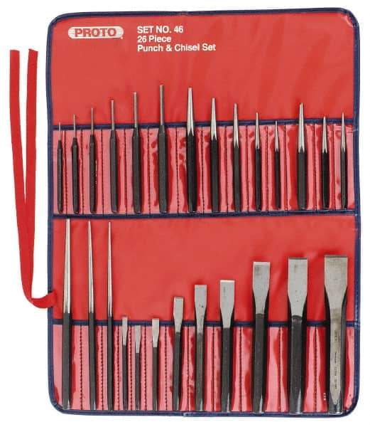 Proto - 26 Piece Punch & Chisel Set - 1/4 to 7/8" Chisel, 3/8 to 1/4" Punch, Round Shank - USA Tool & Supply